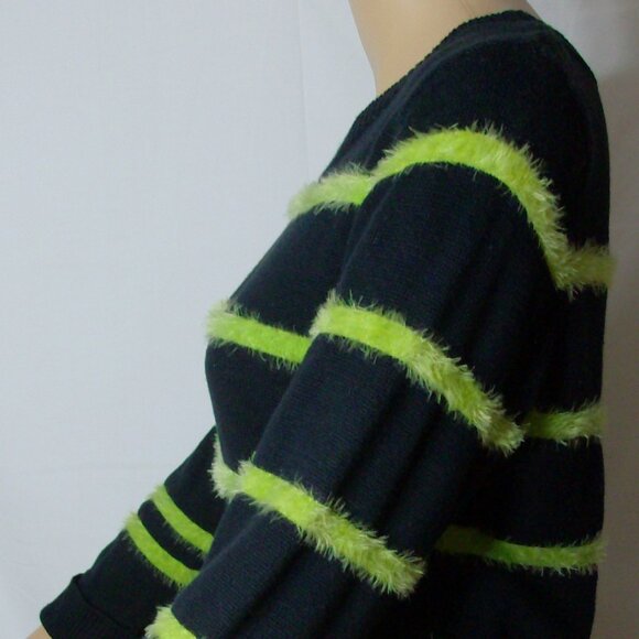 J.J. Basics Black sweater with Lime Green Fur/Fuzzy Stripes Size L - Picture 2 of 11